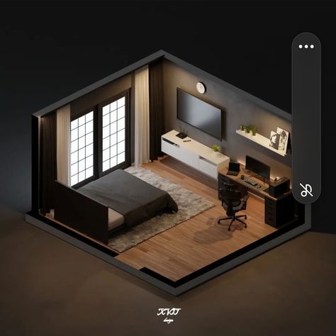 Gaming Setup For Small Rooms, Bedroom With Gaming Setup, Small Gaming Bedroom Ideas, Small Room Setup Bedrooms Layout, Bedroom Isometric, Room Ideas Gamer, Game Room Idea, Room Ideas Gaming, Gamer Room Ideas