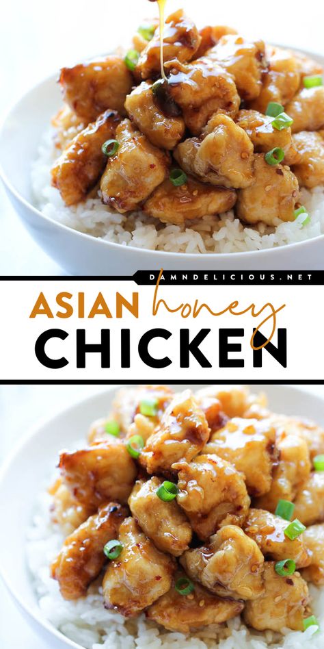 A must-try chicken dinner idea! This main course recipe is a Chinese takeout favorite made right in your kitchen. Crispy with a sweet glaze, this easy Asian Honey Chicken tastes so much better! Chinese Main Dishes, Crispy Chicken Recipes Dinners, Asian Casserole, Asian Honey Chicken, Damn Delicious Recipes, Crispy Chicken Recipes, Honey Glazed Chicken, Healthy Asian, Asian Chicken Recipes