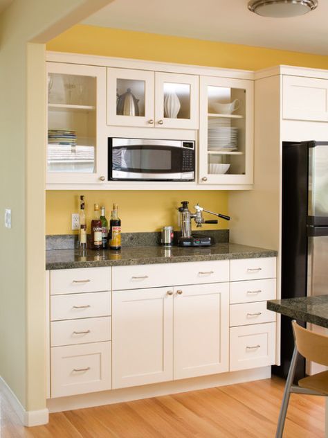 How we want our coffee/drinks cabinetry to look.  MW centered.  Glass cabinetry on top.  No wall to the left.  All drawers below. Built In Microwave Cabinet, Microwave Cabinet, Cabinet Inspiration, Maple Kitchen Cabinets, Rta Kitchen Cabinets, Shaker Style Cabinets, Shaker Kitchen Cabinets, Microwave In Kitchen, New Kitchen Cabinets