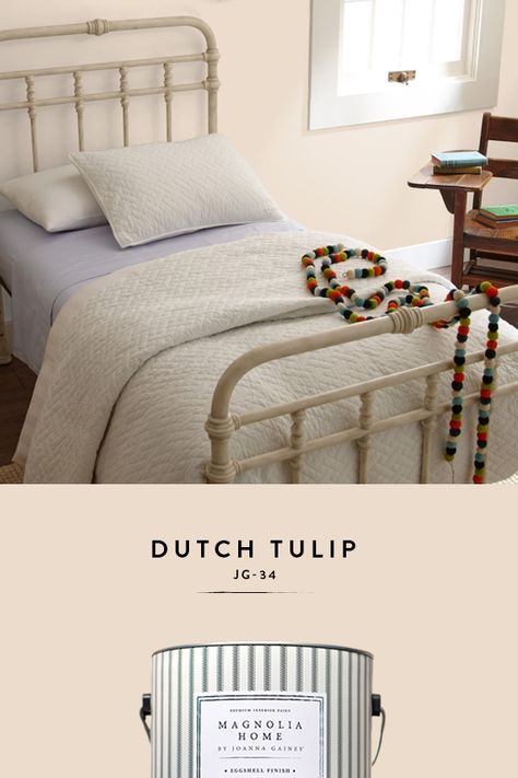 Enjoy spring flowers all year with Dutch Tulip interior paint color from Magnolia Home by Joanna Gaines. Learn more about this color and the full collection on our website. Dutch Tulip Paint Color, Dutch Tulip Magnolia Paint, Magnolia Home Paint Colors, Peach Paint Colors, Modern House Ideas, Interior Updates, Interior Paint Color, Farmhouse Colors, Magnolia Homes Paint