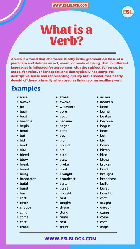 What is a Verb in English Grammar? We’ll explain the meaning of a verb, how to use verb, types of verbs, and provide a variety of examples of verb in English. When you’re learning English grammar, you’ve to deal with the verb. But what exactly is it? And what does verb do in a sentence? ... Read more What Is A Verb, Verb Types, Learning English Grammar, Verbs For Kids, Types Of Verbs, Verbs In English, Verb Words, Verb Examples, English Grammar Notes