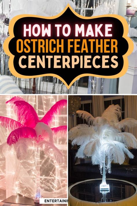 Gorgeous DIY Feather Centerpieces: How To Make Ostrich Feather Centerpieces (+ 7 variations) | Holidays and events Diy Ostrich Feather, All White Party Ideas, Harlem Nights Theme Party, Feather Centerpiece Wedding, Harlem Nights Theme, Masquerade Centerpieces, Ostrich Feather Centerpieces, White Party Ideas, Gatsby Party Decorations