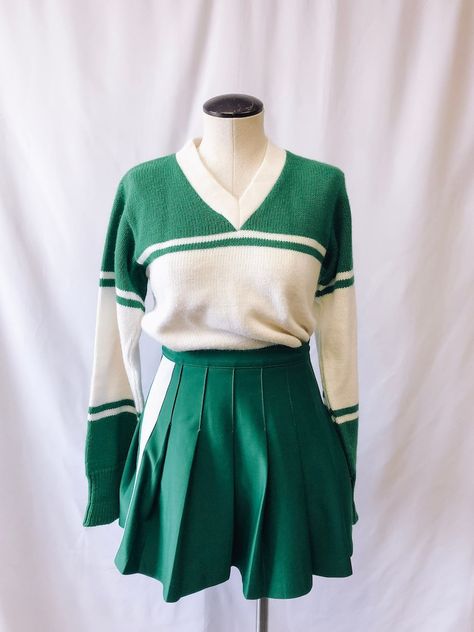 Vintage Cheerleading Uniform. 1960s Green Cheerleading Logan Knitting Mills Orlon Sweater 80s Cheerleader Uniform, Green And White Cheerleading Uniform, Vintage Cheerleader Uniform, 80s Cheerleader Aesthetic, Green Cheer Uniforms, Green Cheerleader Uniform, 80s Cheerleader, Green Cheerleader, Cheerleader Sweater