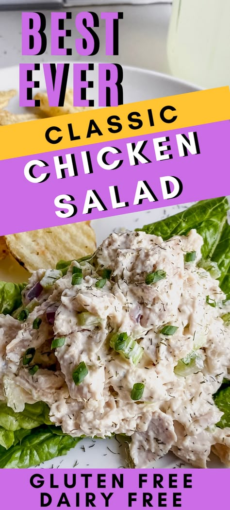 This classic chicken salad is my go to lunch idea. It is both gluten free and dairy free and great for on the go meals. I love making it into a chicken salad sandwich and it easily comes together as a sandwich recipe.   There isn't anything too fancy so most items are probably in your pantry already but feel free to add in some nuts and grapes to take it to another level! Gluten Free Chicken Salad Recipe, Dairy Free Chicken Salad, Gluten Free Chicken Salad, Bulk Meal Prep, Classic Chicken Salad Sandwich, Use Leftover Chicken, Gluten Free Diet Plan, On The Go Meals, Salad Recipes Gluten Free