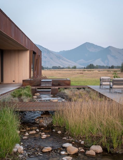 Carney Logan Burke wraps Dogtrot Residence in weathering steel to blend with Wyoming terrain Planting Design, Water Landscape, Weathering Steel, Villa Park, Japanese Gardens, Water Features In The Garden, Outdoor Gardens Design, Architect Design, Outdoor Design