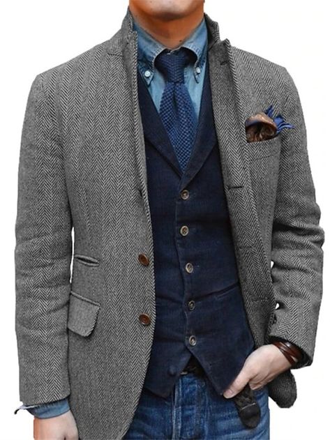 Men's Retro Vintage Tweed Blazer Herringbone Blazer Sport Coat Regular Plus Size Single Breasted Two-buttons Black Champagne Burgundy Blue 2024 2024 - CAD $102.99 Mens Sport Coat Outfit, Tweed Blazer Men, Black Denim Jacket Outfit, Men’s Office, Sport Coat Outfit, Men Fashion Blazer, Mens Designer Blazers, Mens Sports Jacket, Blazers For Men Casual