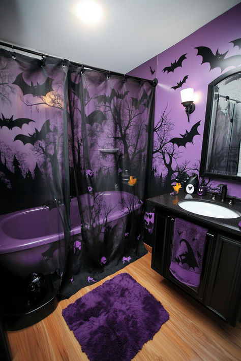 Gothic Bathroom Decor Ideas, Goth Mobile Home, Black And Purple Bathroom, Goth Bathroom Ideas, Bat Bathroom, Halloween Bathroom Ideas, Dark Home Decor Ideas, Aesthetic Must Haves, Goth House Decor