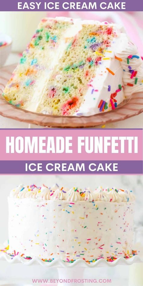 This moist and fluffy funfetti cake is layered with ice cream and covered in a whipped cream topping! It’s the perfect summer dessert and makes for a great birthday cake too! Recipe: https://beyondfrosting.com/funfetti-ice-cream-cake/ Funfetti Ice Cream, Homemade Funfetti Cake, The Best Birthday Cake, Make Ice Cream Cake, Birthday Cake Ice Cream, Diy Ice Cream Cake, Cake Batter Ice Cream, Whipped Cream Topping, Easy Ice Cream Cake