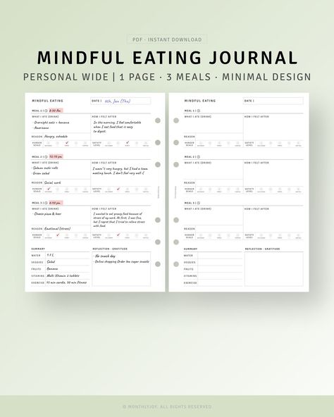 Track your food intake, moods, and symptoms with this printable mindful eating food journal. Includes customizable wide inserts, a food log tracker, and a food sensitivities diary. Perfect for intuitive eating, weight loss, and general health. #mindfuleating #foodjournal #diet_planner Food And Exercise Journal, Food Diary Bullet Journal, Wl Journal, Food Tracking Journal, Food Sensitivity Journal, Diary Tracker, Food Journal Ideas, Eating Diary, Eating Planner