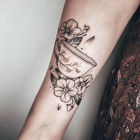 Tea Tattoos, Tea Cup Tattoo, Pointillism Tattoo, Tea Tattoo, Teacup Tattoo, Button Tattoo, Beverage Design, Cup Tattoo, Delicate Tattoo