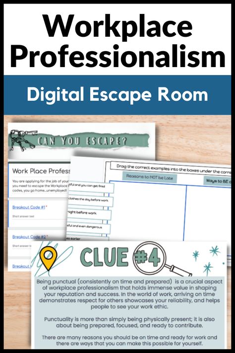 This workplace professionalism activity is a digital escape room that is a fun challenge for your high school or middle school students! It is a no-prep way to review or introduce professionalism such as punctuality, appropriate dress, email etiquette, and more. This will better prepare your students for working their future work experiences and help them better understand “adulting”. Middle School Busy Work, Middle School Technology Lessons, Chemistry Escape Room High School, Stem Escape Room Middle School, College And Career Readiness High School Activities, High School Teacher Classroom, Early Childhood Education Curriculum, Teacher Classroom Supplies, Employability Skills