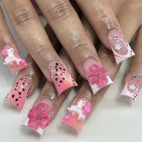 ig: nailzbykenzz Cheetah Nails, Punk Nails, Duck Nails, Dope Nail Designs, Short Square Acrylic Nails, Exotic Nails, Unique Acrylic Nails, Y2k Summer, Bling Acrylic Nails