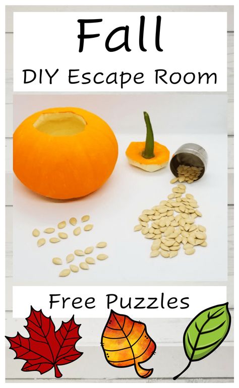 the pin shows a pumpkin, seeds and the seeds lined up to count and three leaves at the bottom that are clipart. Simple Halloween Activities For Kids, Thanksgiving Escape Room Free, Halloween Escape Room For Teens, Free Escape Room Printable, Fall Party Games For Kids, Halloween Escape Room For Kids, Escape Room Ideas For Kids, Fall Games For Kids, Make Your Own Escape Room