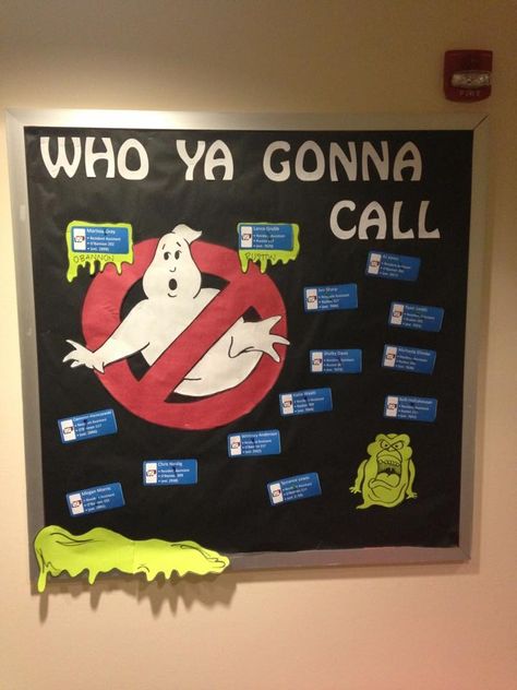 Door dec we just did for Obannon with @Whitney Anderson Halloween High School Bulletin Boards, Fall Bulletin Boards For High School, Ra October Bulletin Boards, School Campaign Posters, Dorm Bulletin Boards, Res Life Bulletin Boards, Resident Assistant Bulletin Boards, Ghostbusters Theme, October Bulletin Boards