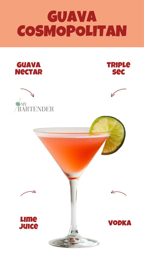 Guava Cosmopolitan Cocktail With Guava Juice, Guava Juice Cocktail, Guava Nectar Cocktail, Guava Cocktails, Guava Martini, Guava Cocktail Recipes, Guava Cocktail, Girls Night Cocktails, Triple Sec Cocktails