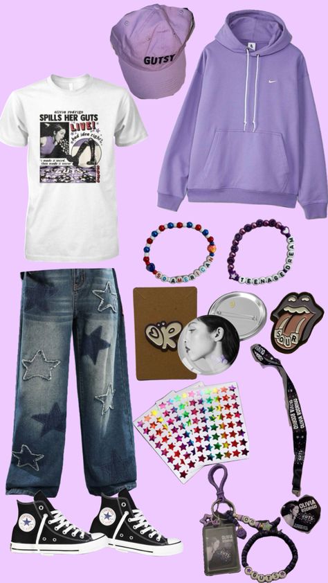 Idea de outfit para el guts tour 💜🪩✨🪻Hombre/mujer/etc 🫶 #oliviarodrigo #gutstour #gutsoutfit #men #women #aestehtic #sour #gutstouroutfits #gutsalbum #foryou #livies Guts Outfit, World Tour Outfits, Olivia Outfits, Concert Outfit Men, High Salary, Olivia Rodrigo Concert, Concert Ideas, Mens Outfit Inspiration, Tour Outfits