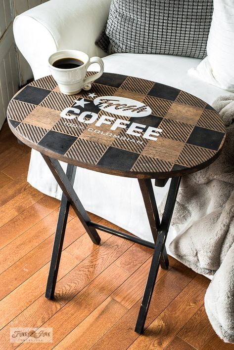 Learn how to transform a plain pine TV tray into this Buffalo Checked Fresh Coffee beauty! Showcasing Funky Junk's Old Sign Stencils and Fusion Mineral Paint. #DIY #stencils #paint Wooden Tv Trays, Tv Tray Makeover, Tv Tray, Diy Furniture Redo, Funky Junk Interiors, Tv Trays, Coffee Stencils, Diy Tv, Sign Stencils