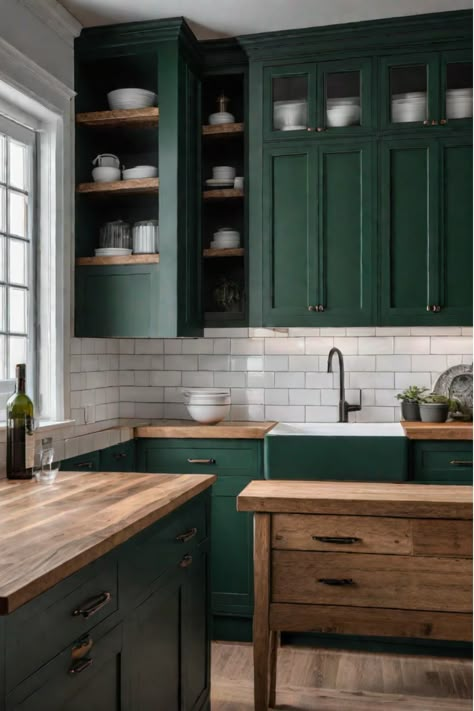 Farmhouse kitchen with dark green lower and white upper cabinets Dark Green Cabinet Kitchen, Dark Forest Green Kitchen, Forest Green Cabinets, Dark Green Kitchens Modern, Kitchen Cabinets Makeover Green, Pine Green Kitchen Cabinets, Kitchen Remodel Green Cabinets, Forest Green Kitchen Cabinets, Emerald Green Kitchen