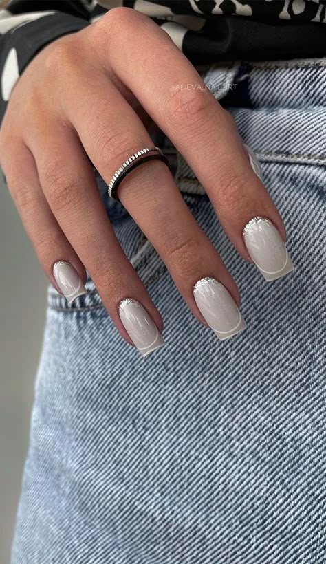 double french tips, french tip nails, french manicure, modern french tips, french nails, french colored tips French Tip Gel Nails, Grey Nail Designs, Subtle Nails, Minimal Nails, French Nail Designs, Gray Nails, Neutral Nails, Nails 2023, Silver Nails