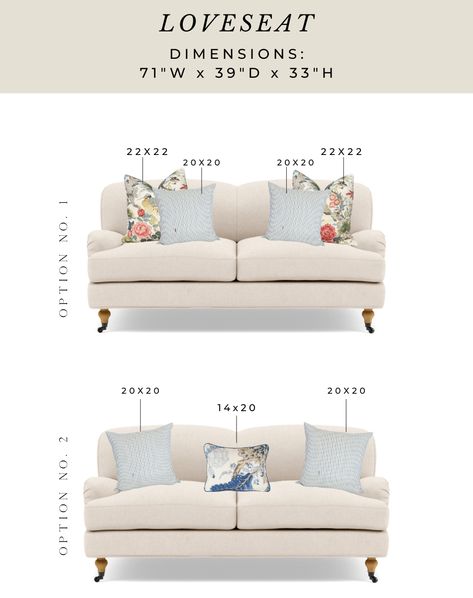 PILLOW TALK: SIZING GUIDANCE FOR SETTEES, LOVESEATS, SOFAS AND SECTIONALS • A Glass of Bovino Pillows On A Loveseat, Pillow Size For Couch, How Many Pillows On Couch And Love Seat, Love Seat Decor Ideas, Sofa Pillow Size Guide, Couch Pillow Sizes, Small Couch Pillow Arrangement, Love Seat Pillow Arrangement, What Size Pillows For Couch