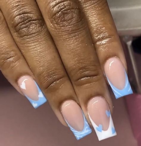 Nails Blue And White French, Blue Tip Nails French Manicures, Blue And White Nails Short, Blue And White French Tip Nails, Short Blue Acrylic Nails, Blue Acrylic Nails, Drip Nails, Colored Acrylic Nails, French Tip Acrylic Nails