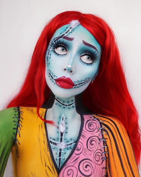 G i n a B o x ♡ on Instagram: “Sally ❤️ Nightmare Before Christmas . I’ve been so exited to create Sally all halloween 😍I got inspo from @mua_theresa to add stuffing to…” Sally Halloween Costume, Sally Makeup, Nightmare Before Christmas Costume, Sally Costume, Creepy Halloween Makeup, Cute Halloween Makeup, Sally Nightmare, Sally Nightmare Before Christmas, Cool Halloween Makeup