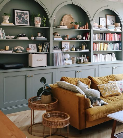 Sage Green Living Room, Library Room, Home Library Design, Built In Bookcase, Living Room Green, Living Room Inspo, Home Library, Front Room, New Home Ideas