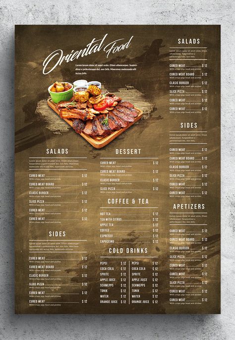 Rustic Oriental Poster Food Menu Design PSD A3 Menu Design, Meat Menu Design, Meat Restaurant, Poster Food, Food Menu Template, Menu Design Template, Food Menu Design, Coffee Logo, Restaurant Menu Design