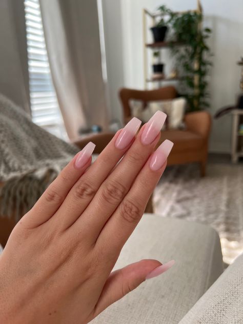 Clear Ballerina Nails, Light Pink Rectangle Nails, Milky Pink Coffin Acrylic Nails, Natural Nails Coffin Shape, Transparent Acrylic Nails Coffin, Faint Pink Nails, Pale Pink Ballerina Nails, Opaque Nails Pink, Simple Clear Pink Nails