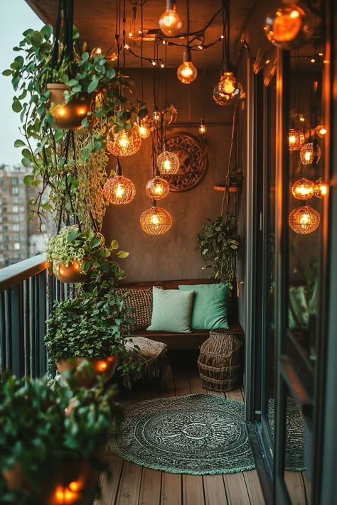 Jungle Balcony Ideas, Very Narrow Balcony Ideas, Boho Plant Apartment, Bohemian Tiny House Decor, Jungle Apartment Decor, Vibey Apartment Balcony, Concrete Balcony Ideas, Boho Sunroom Decorating Ideas, Balcony Decor Ideas For Apartments