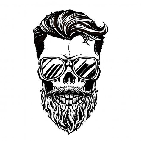 Hipster skull with bearded illustration ... | Premium Vector #Freepik #vector #skull #hipster #beard #sunglasses Bearded Skull Svg, Skull With Beard Tattoo, Bearded Skull Tattoo, Skull With Beard, Beard Vector, Vintage Haircuts, Skull Beard, Beard Art, Skull Sketch