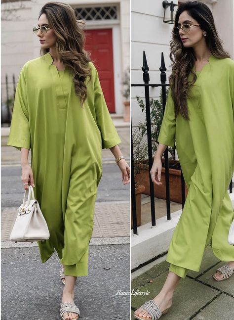 Solid Coord Sets Women, Pakistani Fashion Casual Latest 2024, Plain Dress Designs, Green Matching Set, Cod Set, Plain Suits, Kaftan Shirt, Traditional Ideas, Stylish Kurtis Design