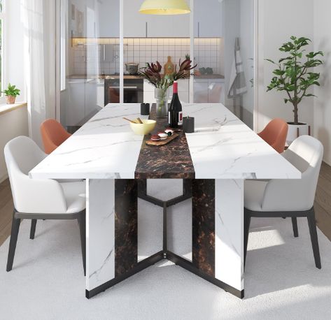 Marble-Color Wood Tabletop,Metal Adjustable Leg.Modern 6ft Family Dinner Table for Rustic Office, Kitchen, Living Room fits 6 to 10 people ( Amazon Sponsor) Dining Table For 4, Family Dinner Table, Family Dining Table, Wooden Countertops, Kursi Bar, Tasty Meals, Desktop Design, White Dining Table, Desk In Living Room