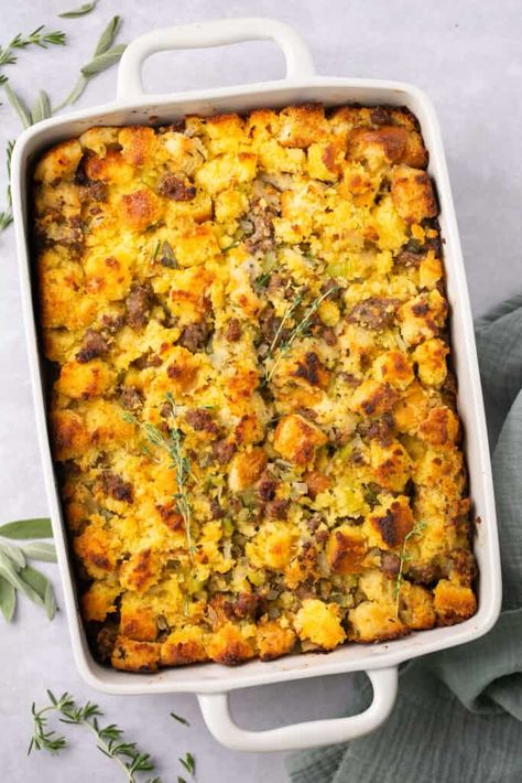 Cornbread Sausage Stuffing - Erin Lives Whole Cranberry Apple Stuffing, Cornbread Sausage Stuffing, Mashed Sweet Potatoes Healthy, Erin Lives Whole, Apple Stuffing, Cornbread Stuffing Recipes, Sausage Cornbread Stuffing, Sausage Stuffing Recipe, Sweet Potato Fritters