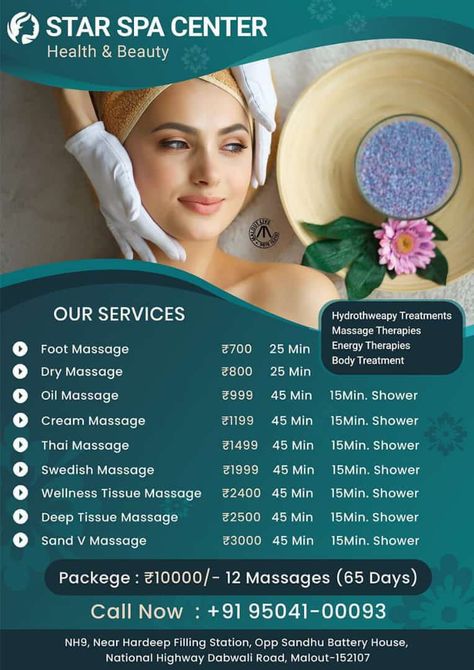 Beauty Salon Price List, Beauty Salon Marketing, Massage Packages, Massage Wellness, Salon Hair Treatments, Food Web Design, Beauty Salon Posters, Massage Cream, Energy Therapy