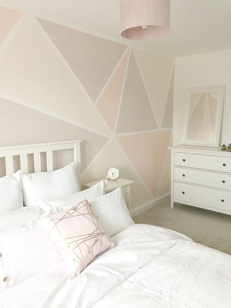 DIY Geometric Feature Wall | Lottie Does Geometric Feature Wall, Diy Geometric Decor, Geometric Wall Paint, Feature Wall Bedroom, Girl Bedroom Walls, Diy Wall Painting, Room Wall Painting, Bedroom Wall Designs, Bedroom Wall Paint