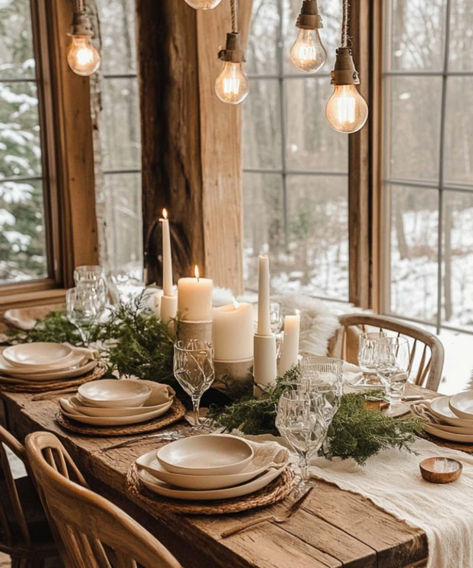 A rustic winter dining table featuring natural wood, white candles, greenery garland, and elegant neutral-colored dinnerware. The warm glow of hanging Edison bulbs adds a cozy ambiance, with a snowy forest visible through the large windows Hygge Dining Room, Cozy Table Setting, Winter Dining Room, Hygge Christmas Decor, Hygge Tips, Cozy Table, Hygge Aesthetic, What Is Hygge, Cozy Winter Recipes