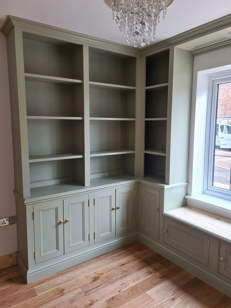 Wrap Around Built In Bookshelves, Home Library Built Ins, Victorian Built In Bookcase, French Country Bookshelves, Cottage Core Home Office, Bookcase Built In, Small Office Library, Built In Bookshelf, Built In Bookshelves