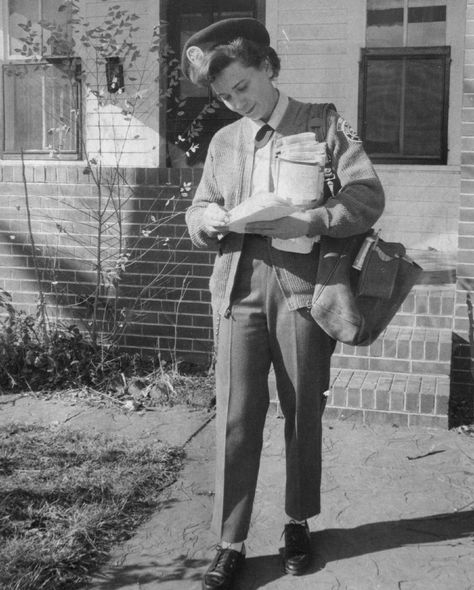 Nattily dressed in a US Postal Service uniform, Mrs. Virginia Coleman makes her rounds in 1967. Note her beret, which was apparently maroon in color. Denver Post file photo. Post Office Uniform, Mailman Uniform, Postman Outfit, Postman Cartoon, Postal Uniform, Post Office Humor Meme, Mail Man, Us Postal Service, Postal Worker