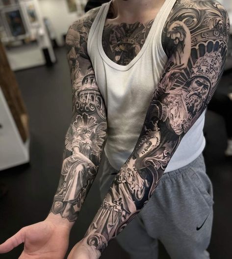 Mangas Tattoo, Statue Tattoo, Greek Mythology Tattoos, Men Tattoos Arm Sleeve, Full Arm Tattoos, Cool Chest Tattoos, Chest Piece Tattoos, Thigh Tattoos, Mythology Tattoos