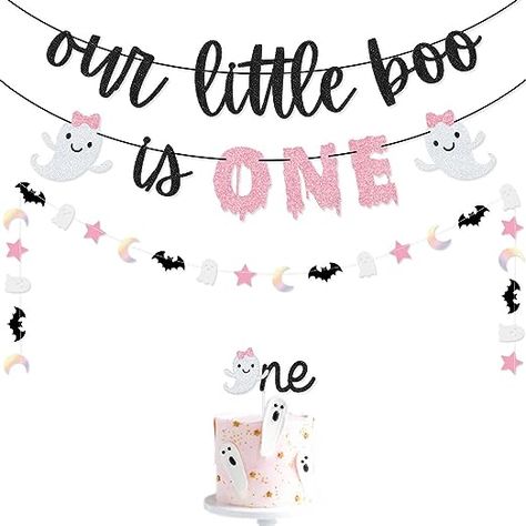 Amazon.com: Pink Black Our Little Boo is One Banner One Cake Topper for Pink and Black Halloween Girl 1st Birthday Party Decorations : Grocery & Gourmet Food Spooky One Cake, The Spooky One, Pink And Black Halloween, Halloween Birthday Decorations, Halloween First Birthday, Halloween 1st Birthdays, Spooky One, One Cake Topper, One Banner