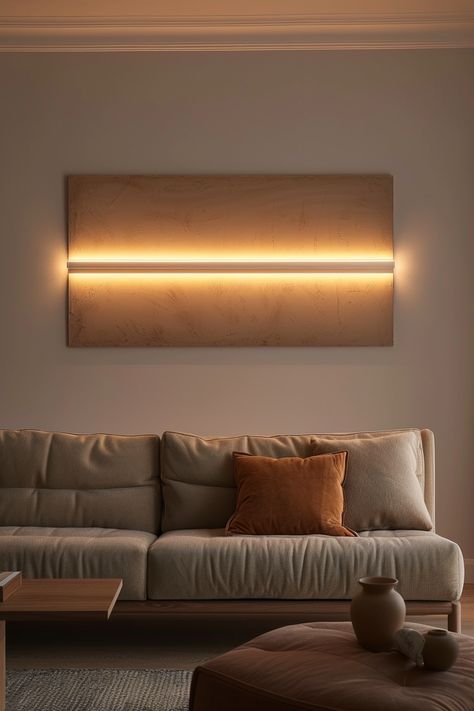 Lights Behind Couch, Couch Wall Decor Ideas, Couch Wall Decor, Wooden Lights, Couch Wall, Painting With Light, Cool Backdrops, Sage Green Bedroom, Above Couch