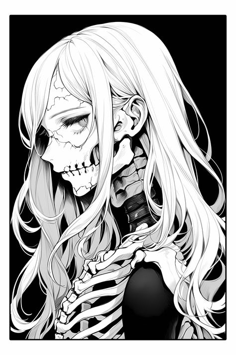 Anime Skull, Skeleton Oc Drawing, Female Skeleton Art, Skeleton Woman Drawing, Goth Girl Drawing, Emo Girl Drawing Sketches, Gothic Girl Drawing, Skeleton Girl, Skeleton Drawings