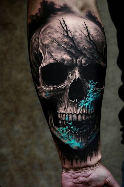 Men’s Skull Tattoos, Tattoos Men Skull, Tattoo Ideas For Men Skull, Skull Tattoo Design For Men, Realistic Skull Tattoo Design, Tatto Clock, Skull Tattoo Sleeve, Individual Tattoo, Skull Tattoos For Men