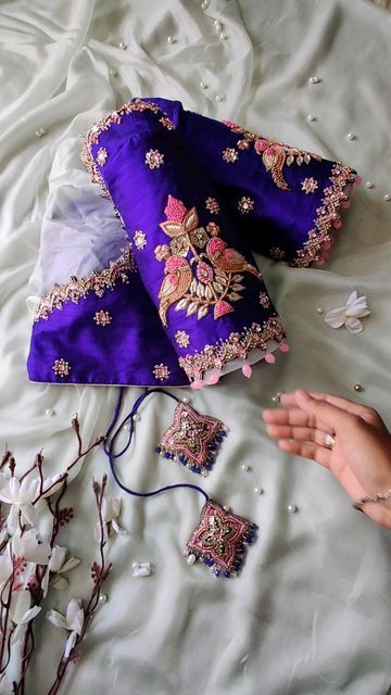 Anu Designs & Fashions on Instagram: "🌺Premium Hand Embroidered Bridal Blouses🌺 Prices in Indian rupees INR 1stBlouse Rs:14500/- 2ndBlouse Rs:22500/- 3rd Blouse Rs: 22,500/- 4thBlouse Rs:26,000/- 5thBlouse Rs:22500/- includes embroidery and stitching. We are only into customisation and no ready mades. 📞+91 9573543098 call now to order yours. (Blouse can be customized in any color of your choice as per your saree requirement.) (Ex: Neckline, Fabric, Placement of Embroidery and Tassels) S Velvet Blouse Design, Magam Work Designs, Indian Rupees, Pink Blouse Designs, Magam Work, Blue Blouse Designs, Bridal Blouses, Latest Bridal Blouse Designs, Latest Blouse Designs Pattern