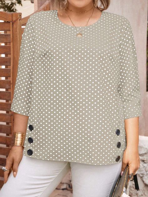 Light Grey Casual Collar Three Quarter Length Sleeve Woven Fabric Geometric,Polka Dot Top Embellished Non-Stretch  Women Plus Clothing Plus Size Blouses For Women, Cotton Night Dress, Plus Size Summer Casual, Dress Over Pants, African Blouses, Button Decor, Women Blouses Fashion, Blouse Patterns, Inspiration Mode