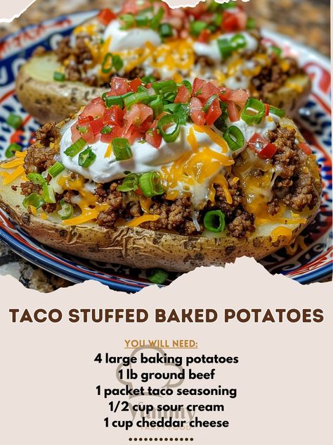 🥔 Reinvent dinner with our Taco Stuffed Baked Potatoes! A fun twist on taco night. #TacoTuesday 🍽️ Taco Stuffed Baked Potatoes 🛒 Ingredients: 4 large baking potatoes 1 lb ground beef 1 packet taco seasoning 1/2 cup sour cream 1 cup cheddar cheese, shredded 1/4 cup green onions, chopped Salsa and jalapenos for garnish 👩‍🍳 Instructions: Bake: Potatoes at 400°F until tender, about 1 hour. Cook: Brown ground beef, add taco seasoning. Assemble: Slice potatoes, fluff with fork, top with beef, c... Baked Potatoes With Chili, Taco Stuffed Potatoes, Taco Baked Potato Recipes, Taco Stuffed Baked Potatoes, Ground Beef Baked Potato, Baked Potato Recipes Stuffed, Taco Baked Potato, Taco Potatoes, Ground Beef Taco Seasoning