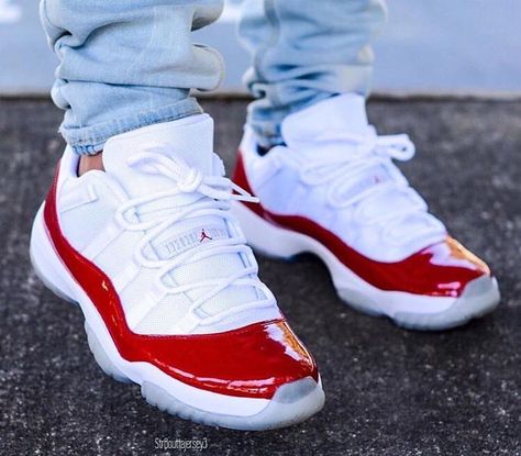 Varsity red/cherry 11's low Nike Jordan 11, Jordan 11 Cherry, Jordan Retro 11 Low, Red And White Outfits, Jordan 11s, Jordan Retro 11, Red Jordans, Retro Collection, Shoes Sneakers Jordans