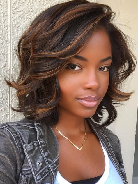 Medium Length Haircut On Black Women, Long Layered Bob With Curtain Bangs, Curly Bob For Black Women, Short Curly Hair With Highlights, Growing Out Hairstyles, Long Bob Black Women, Bob Haircut Black Women, Layered Bobs For Fine Hair, Layered Bob Hairstyles For Black Women