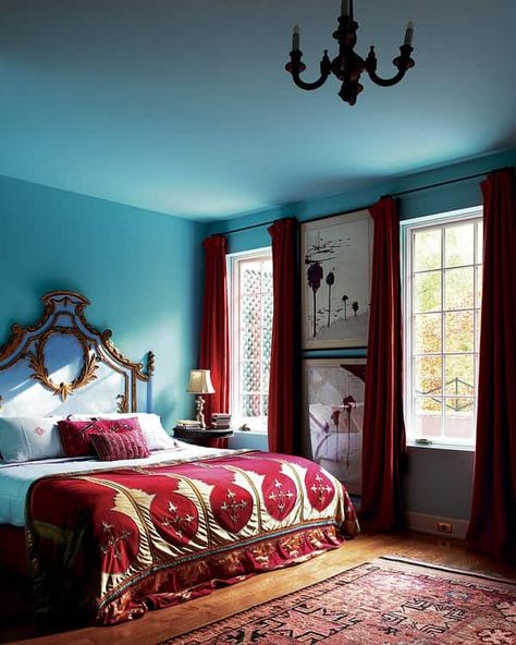 What is and How to Prepare for Feng Shui Flying Stars Annual Afflictions - Fire and Water element bedroom Aqua Bedrooms, Red Bedroom Design, Design Ložnic, Bedroom Turquoise, Moroccan Bedroom, Bedroom Red, Red Curtains, Soho House, Design Del Prodotto